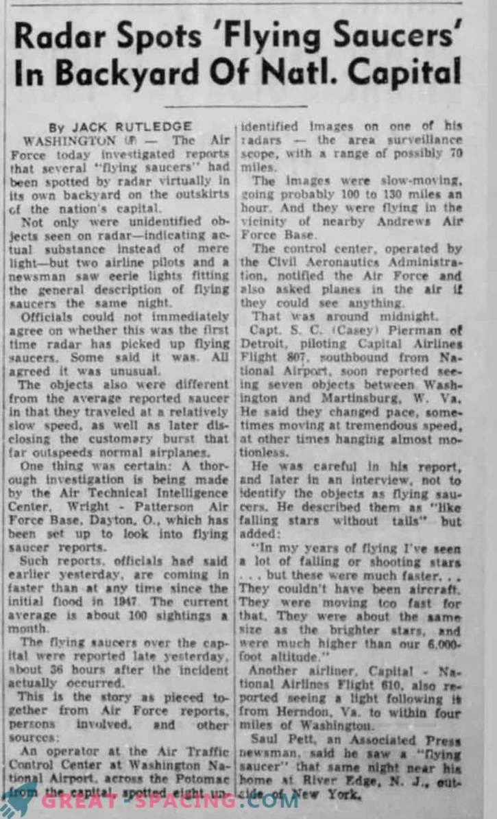 Kādi neidentificētie objekti tika novēroti Vašingtonā 1952. gadā